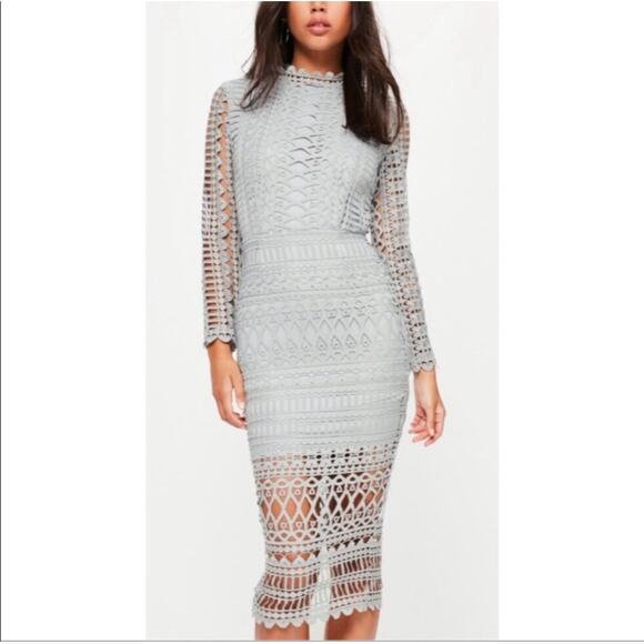 Misguided NWT High Neck Structured Lace Midi Dress Grey Sz 10 Body Con Cutout - Picture 1 of 16